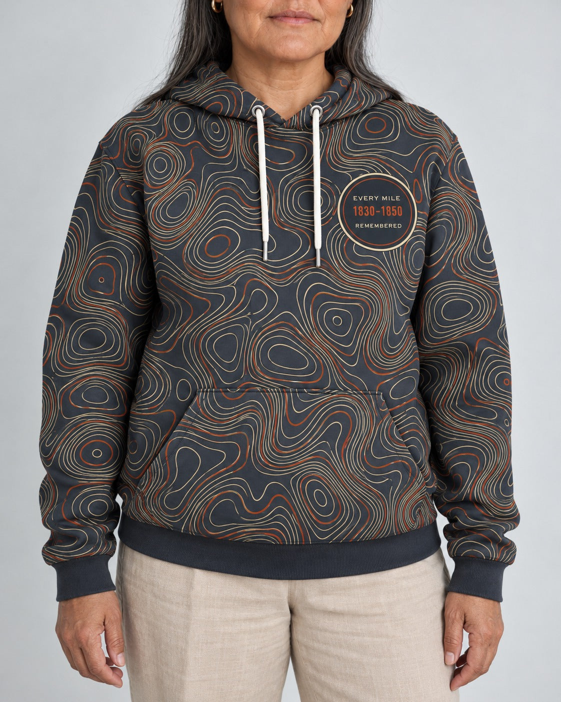 Every Mile Remembered — Trail of Tears — Topographic Hoodie — worn by woman, front view