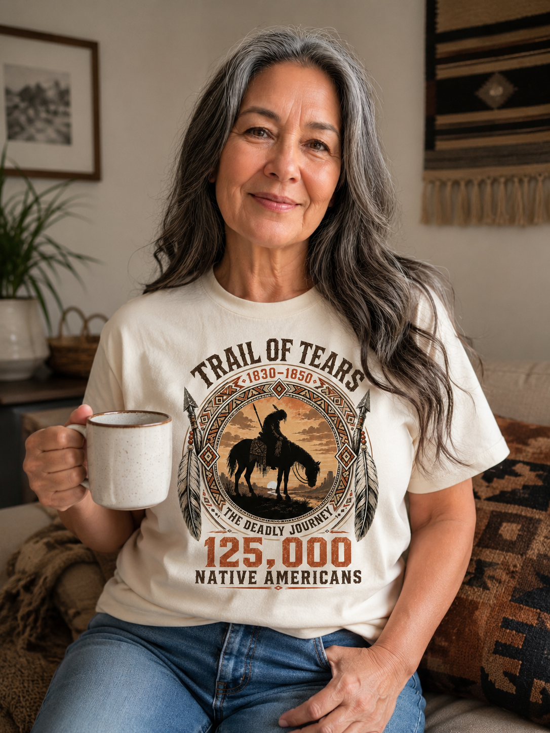 Native woman at home wearing the Wohali Trail of Tears heritage tee