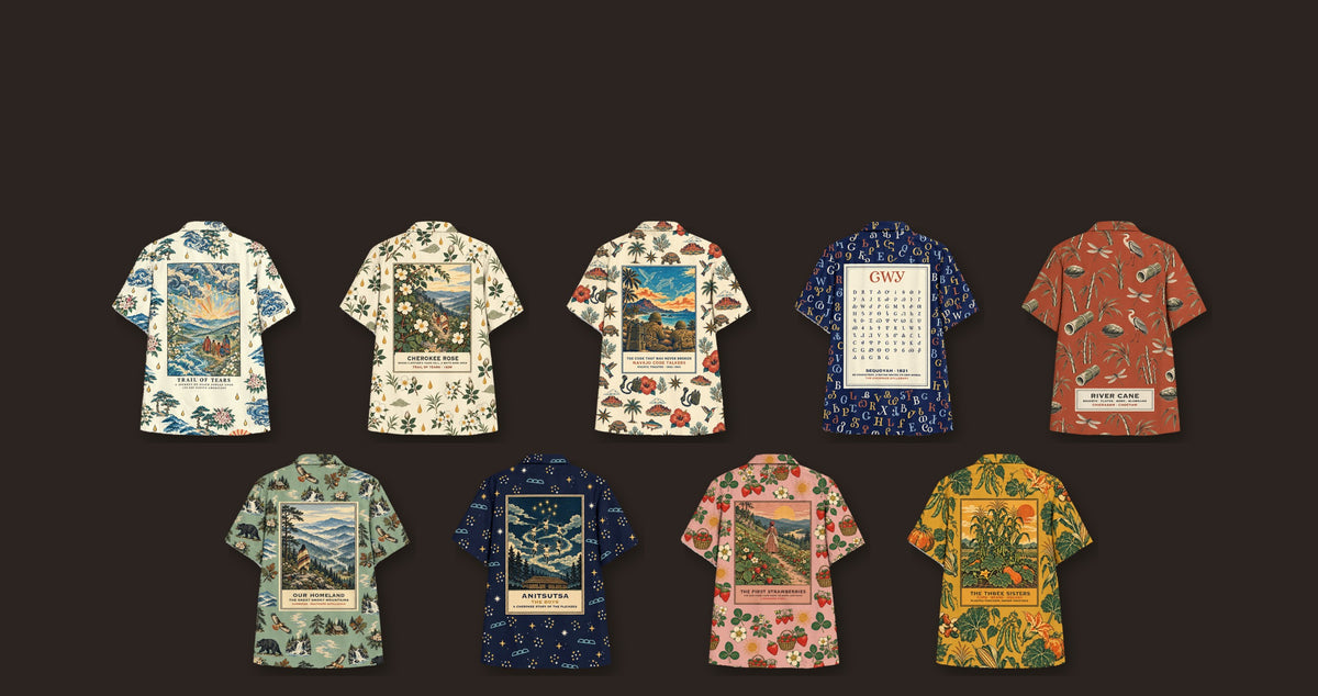 Nine Americanista Hawaiian shirts seen from the back, each with its story panel