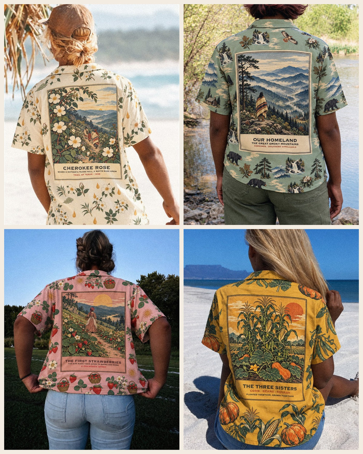 Four women wearing Americanista Hawaiian shirts, seen from the back