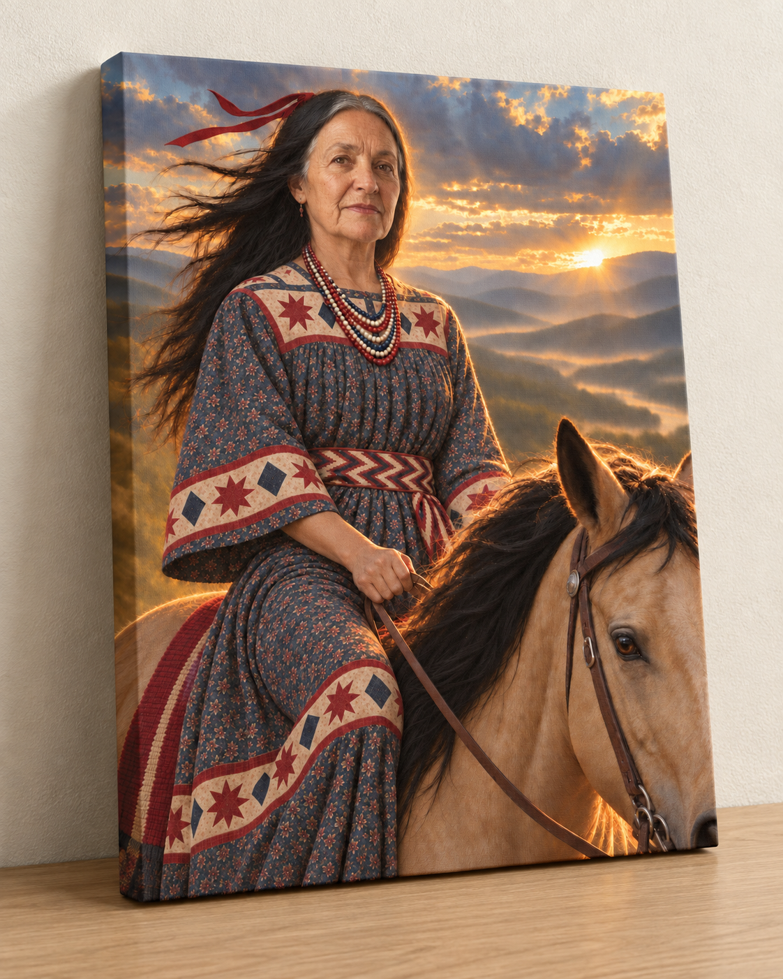 Your Ancestor Cherokee portrait on a gallery-wrapped stretched canvas, 1.5-inch frame, ready to hang.