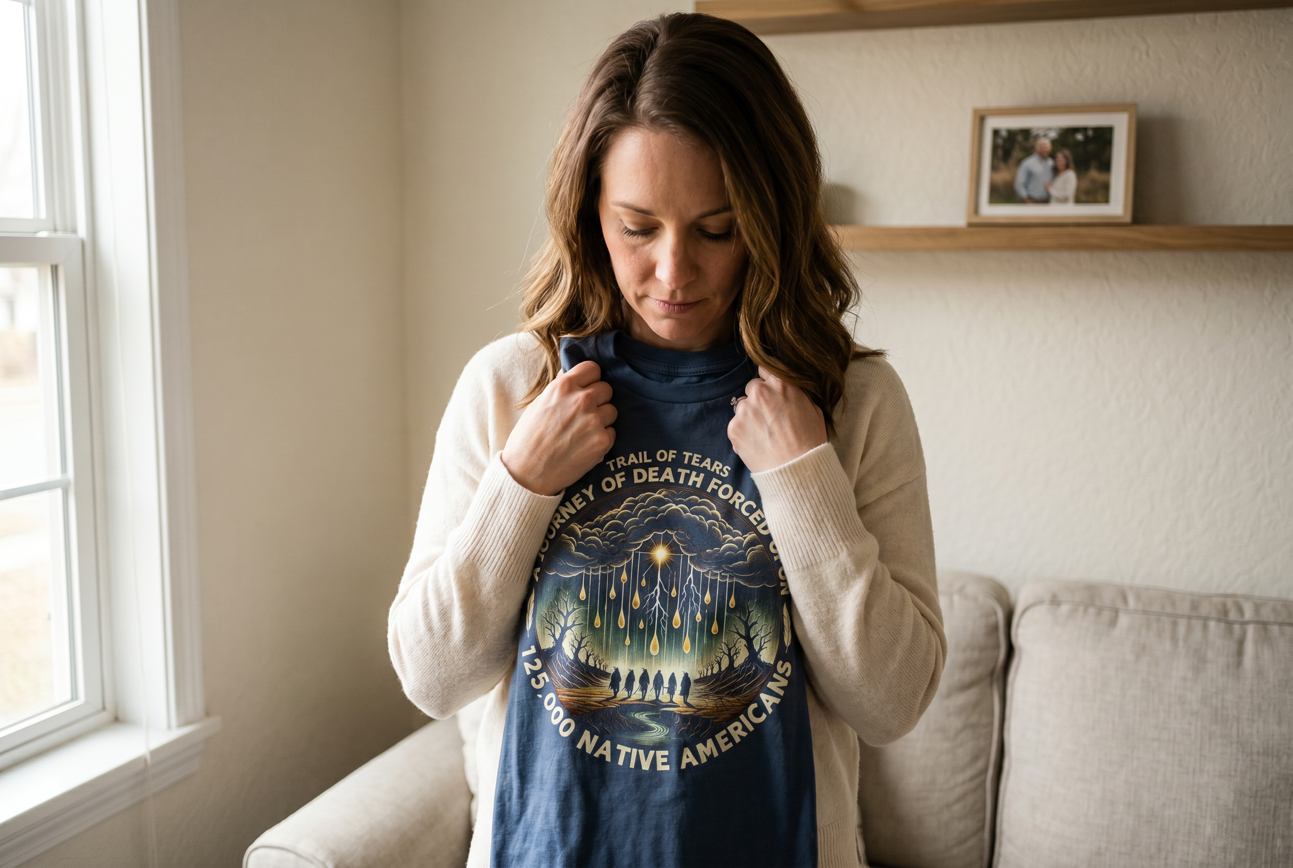 Woman reverently holding Trail of Tears tee in cream living room