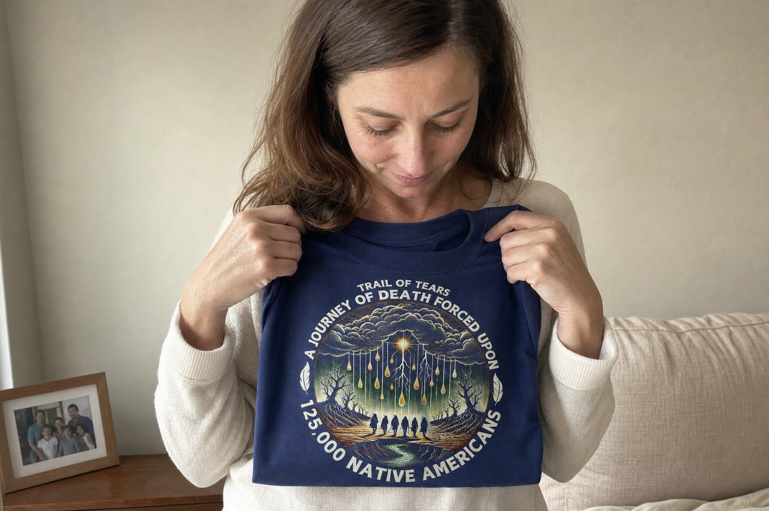Woman holding TOT Kiona tee, cream living room, candid (GPT Image 2)