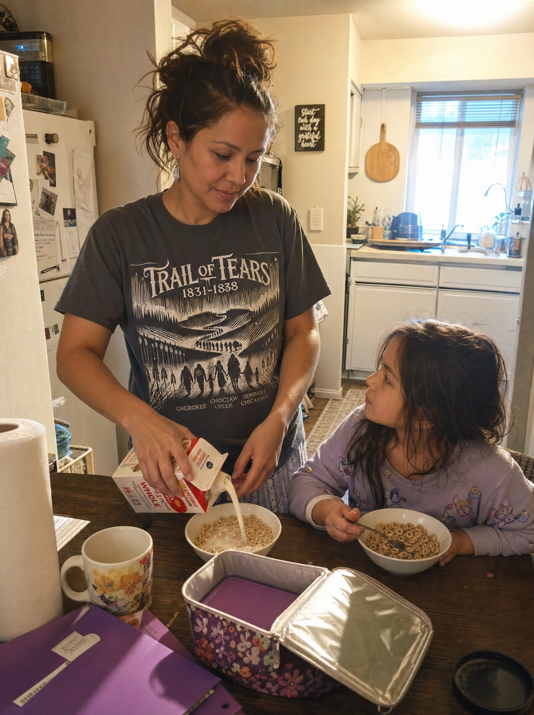 Mother in TOT Lomasi tee pouring milk for daughter, kitchen morning (GPT Image 2)