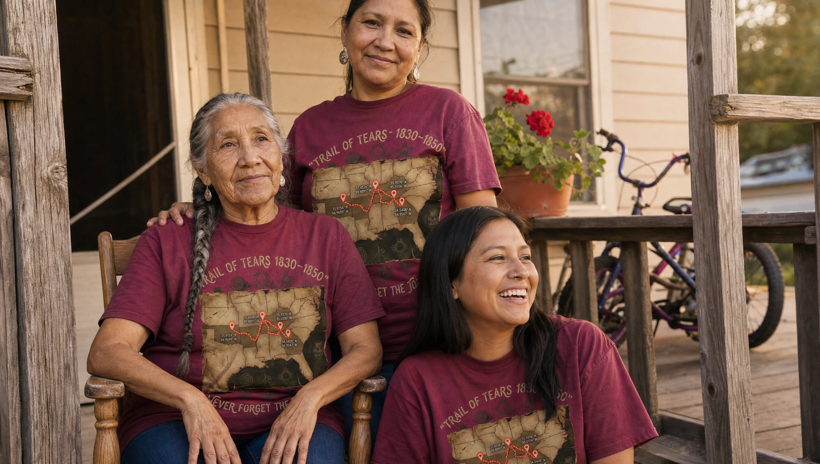 Three generations Native women on porch wearing TOT Ketso tees (GPT Image 2)