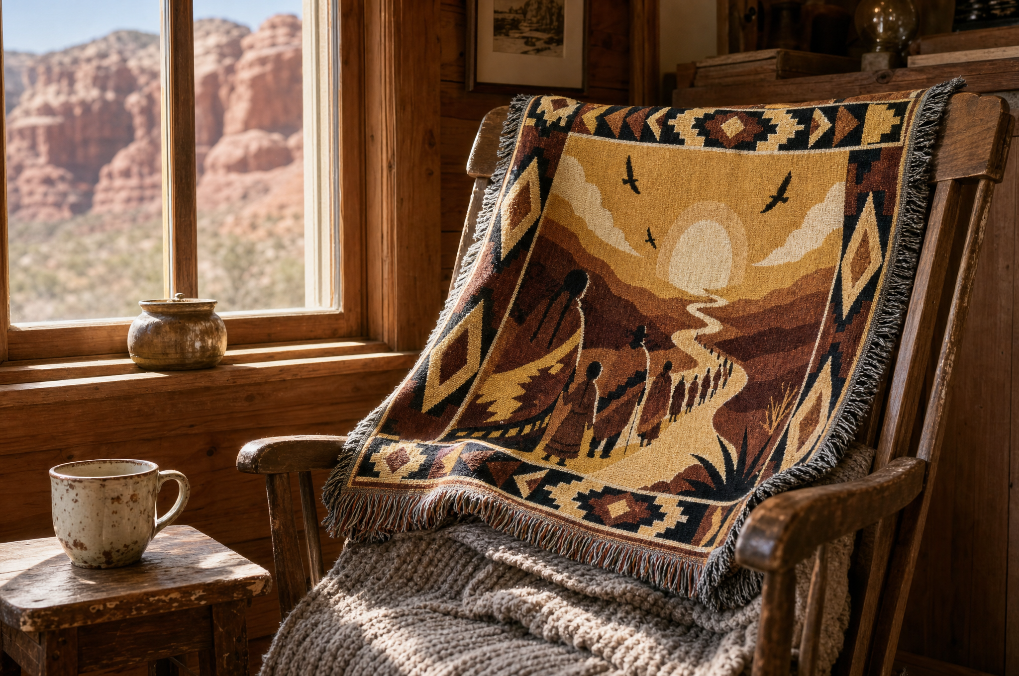 Heritage woven Long Walk blanket draped on rocking chair
