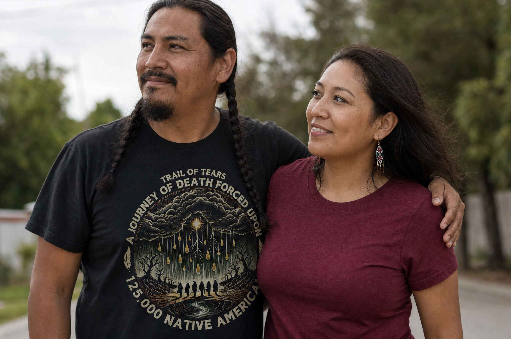 Native American couple wearing Trail of Tears heritage tees