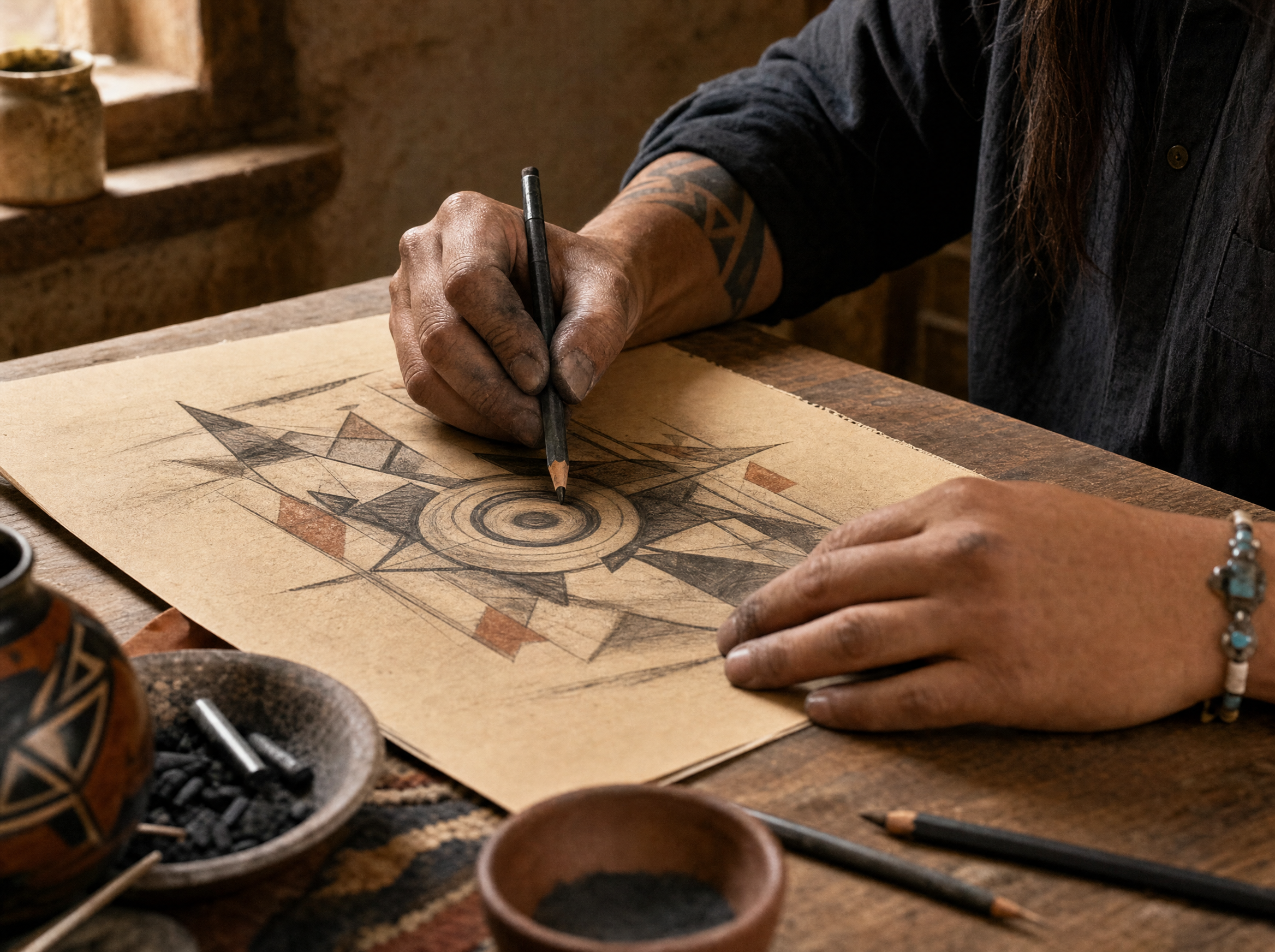 Native artist drawing a heritage design by hand