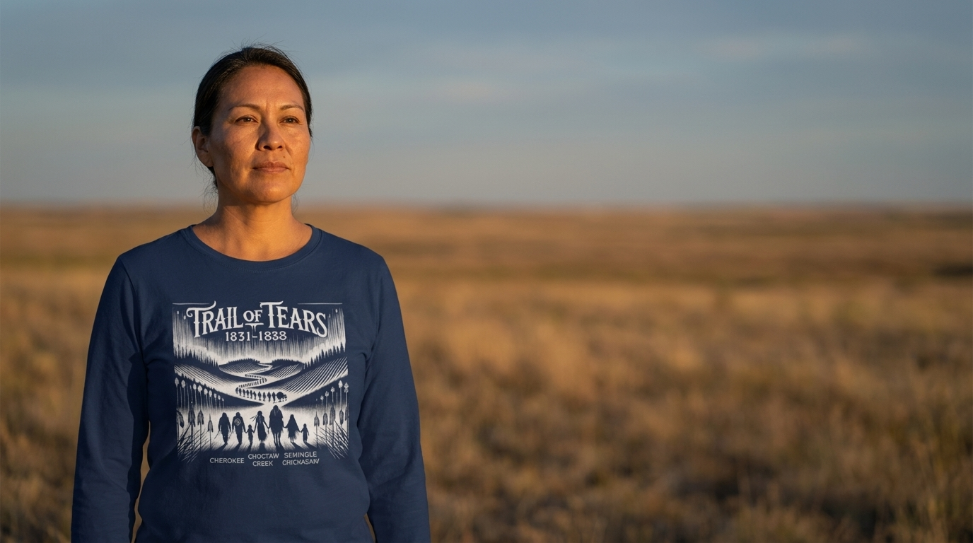 Long sleeve heritage tee worn by model - Trail of Tears