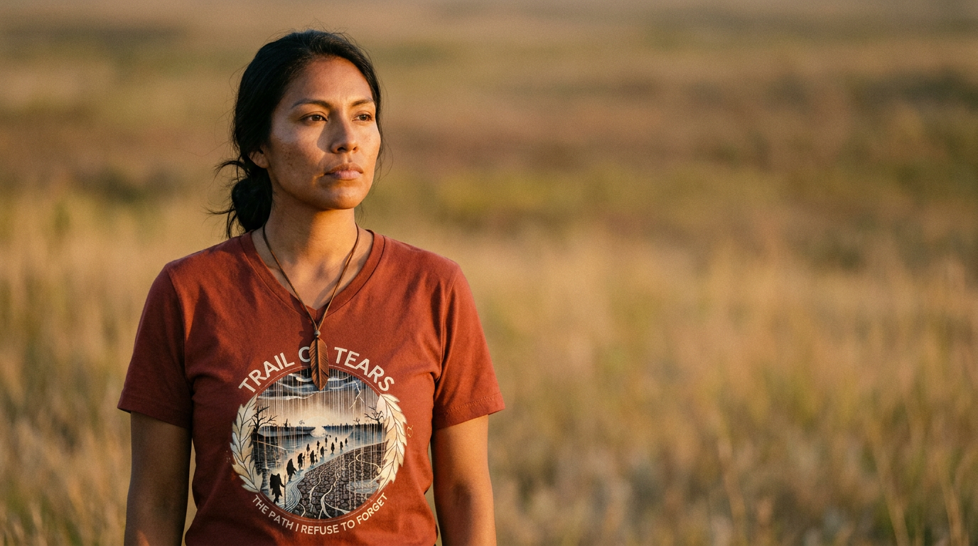 V-neck heritage tee worn by model - Trail of Tears