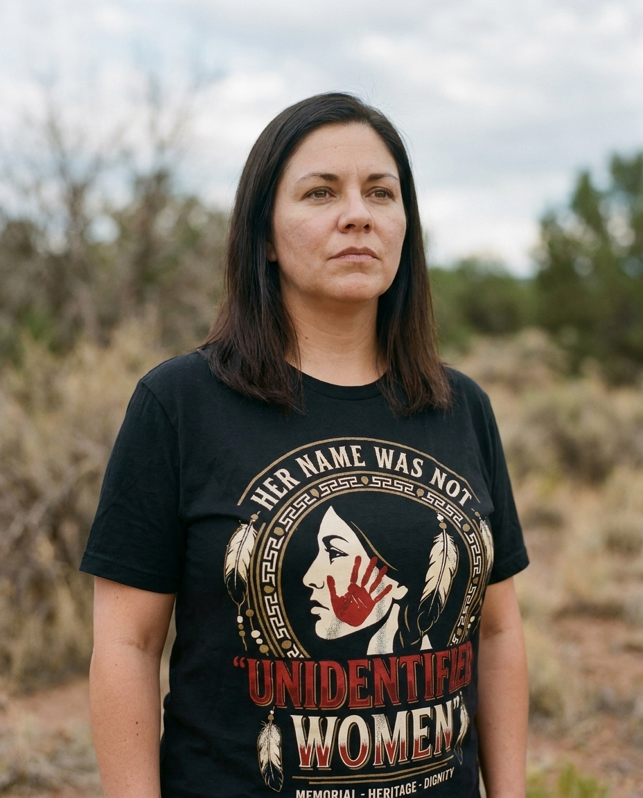 Woman wearing the red-hand MMIW heritage tee
