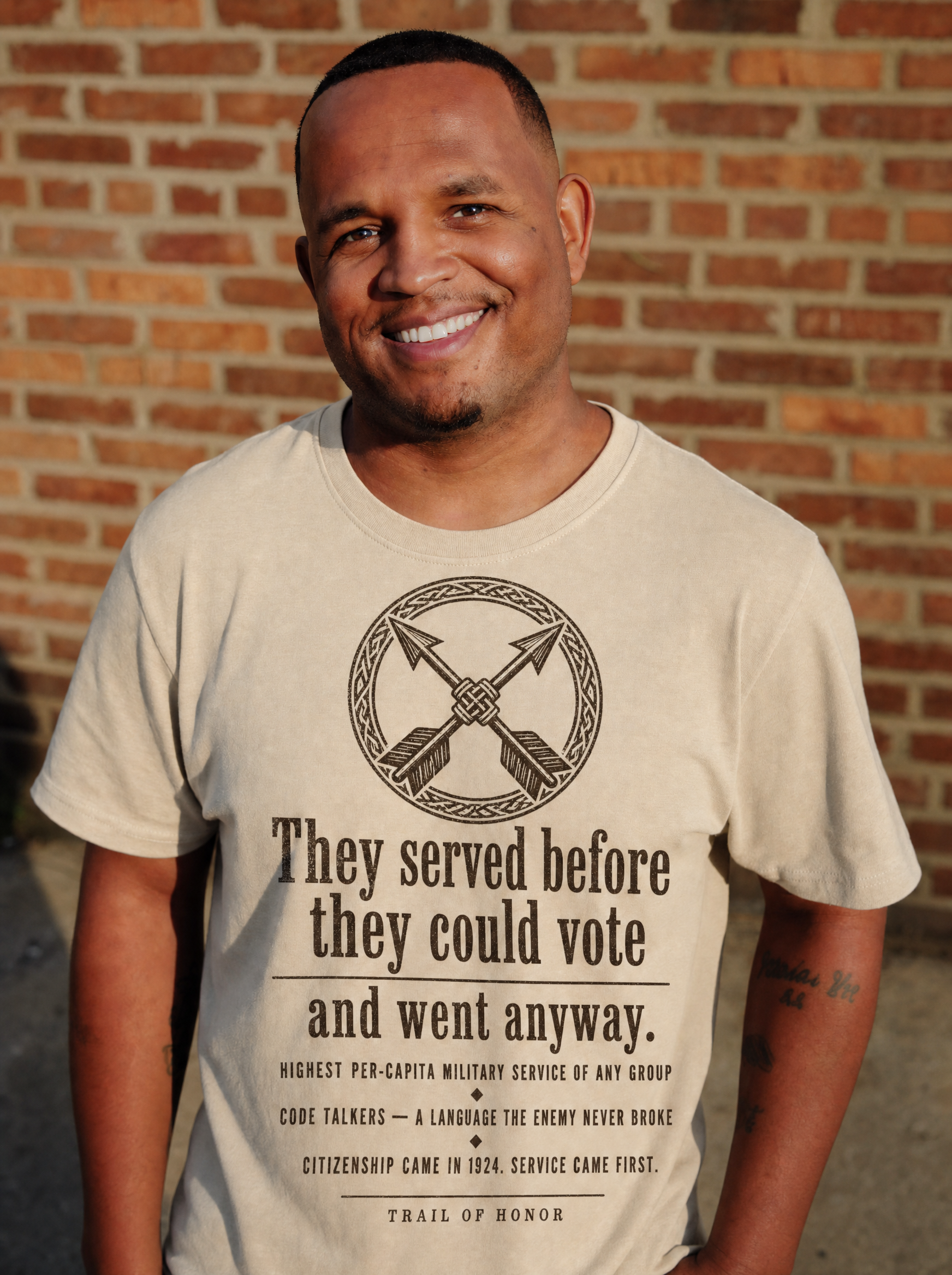 Native man wearing the Trail of Honor tee (large print)
