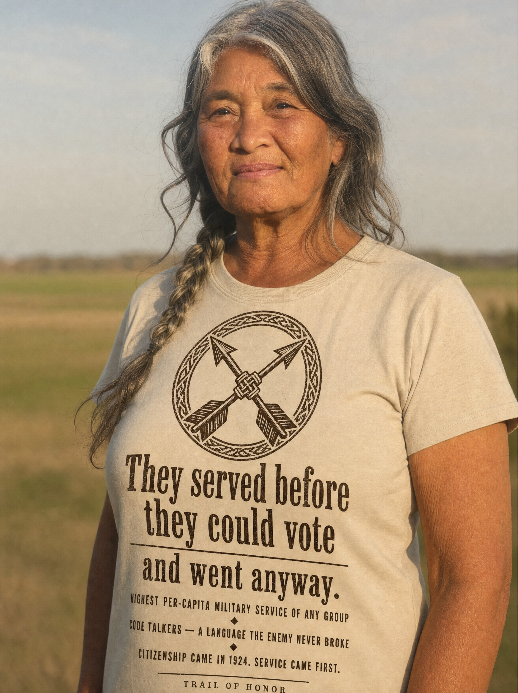 Native woman wearing the Trail of Honor tee (large print)