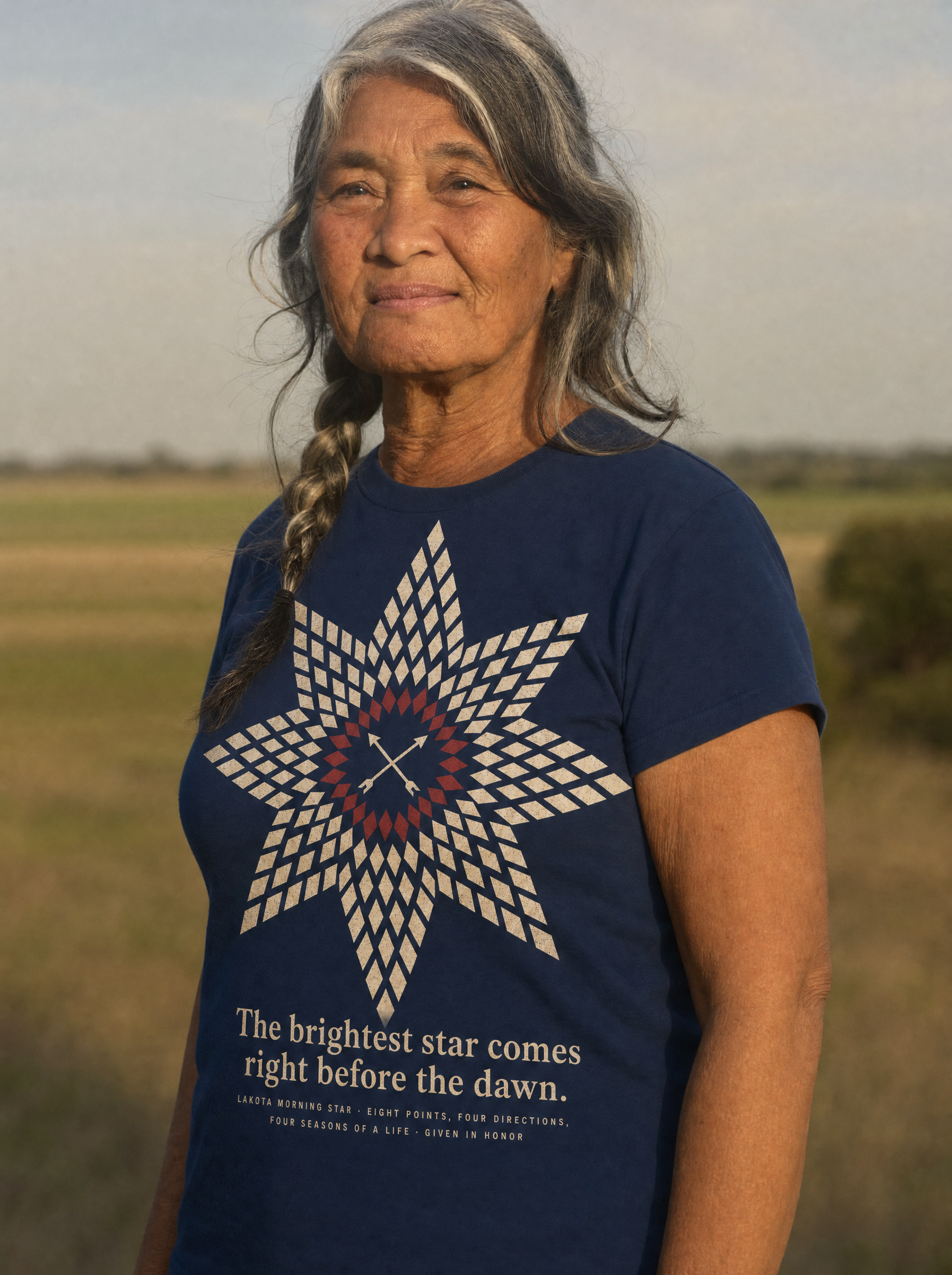Lakota elder wearing Anpao Morning Star navy tee