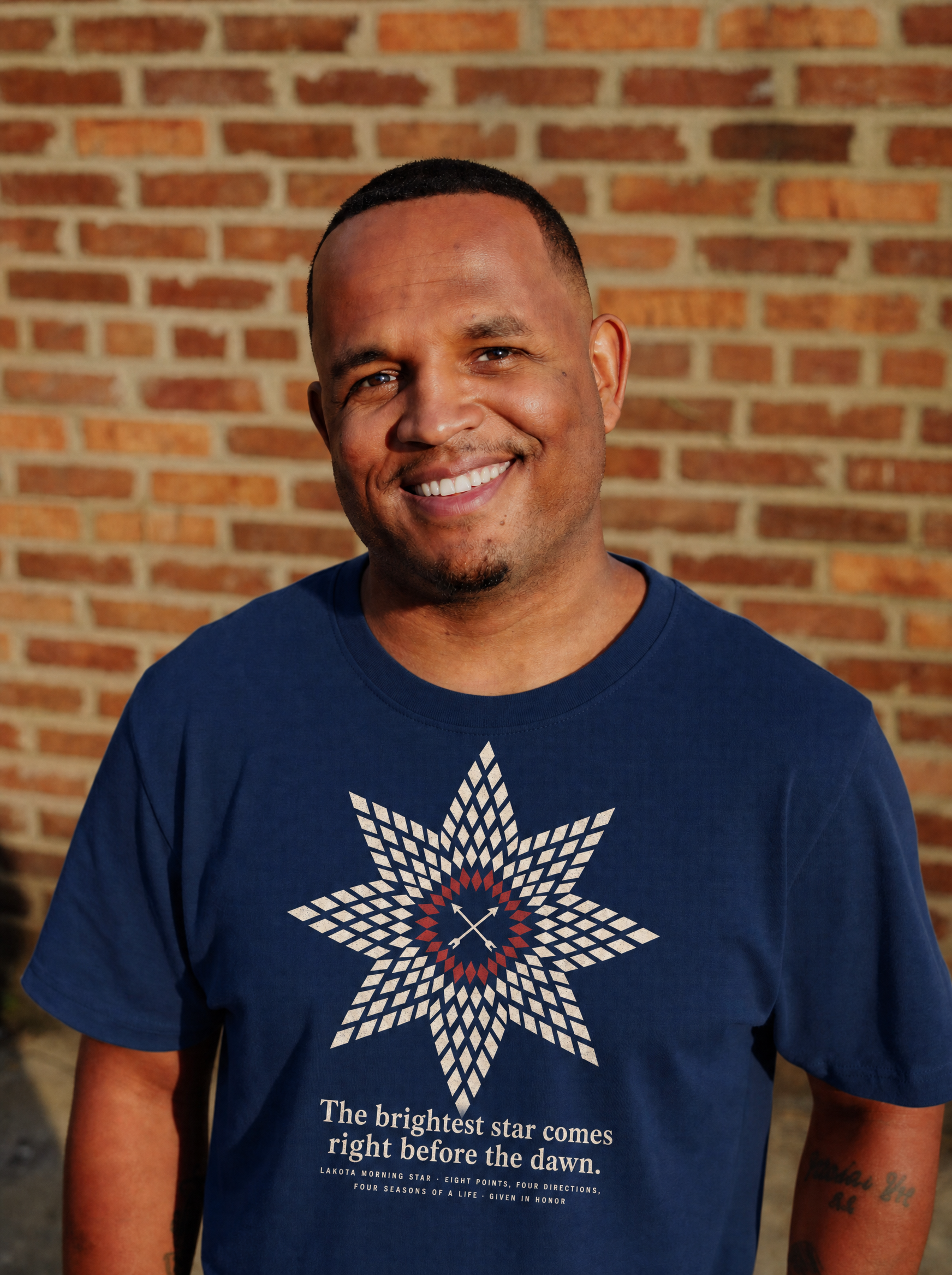 Man wearing Anpao Morning Star navy tee