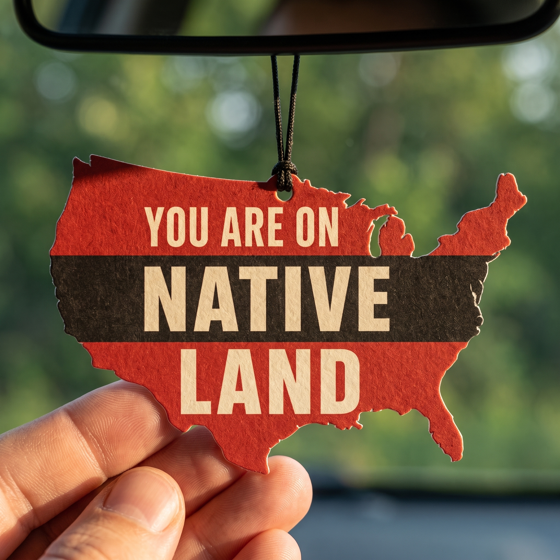 Close-up of the You Are On Native Land USA-map car air freshener held by hand