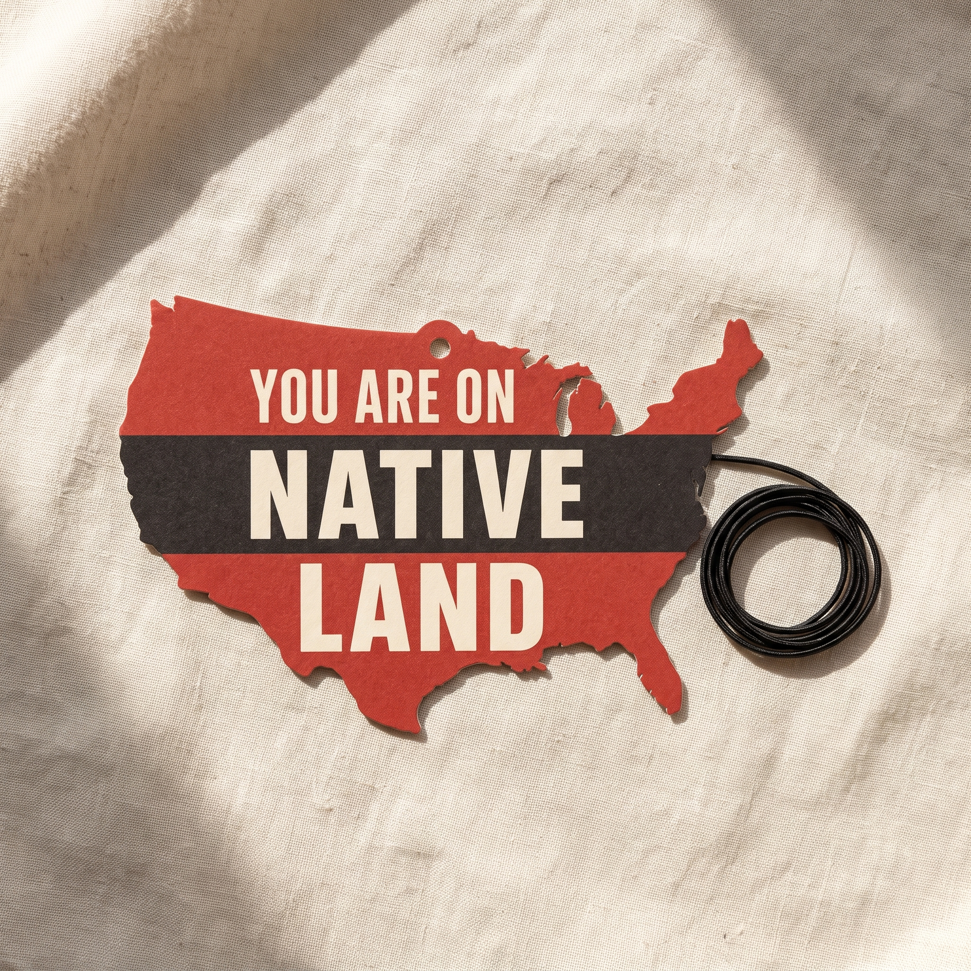 You Are On Native Land car air freshener flat-lay on linen with hanging string