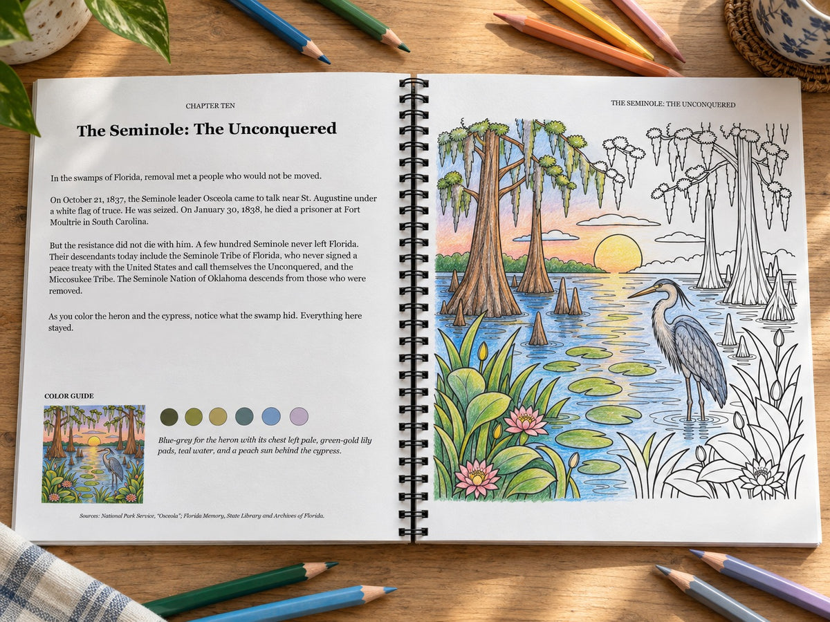 The coil-bound book lies flat open, with an illustration partly colored in colored pencil