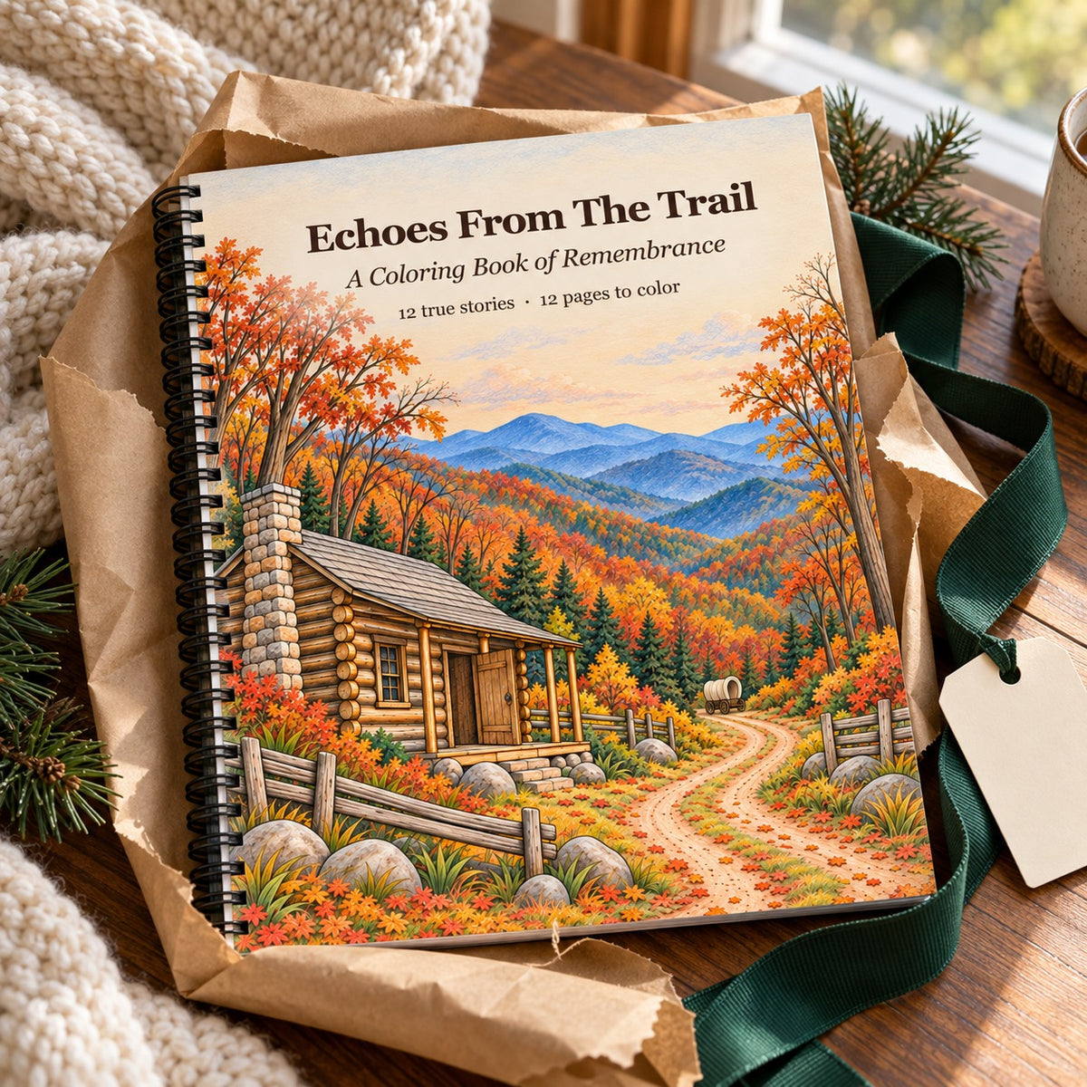 The coloring book wrapped as a gift in kraft paper with a green ribbon