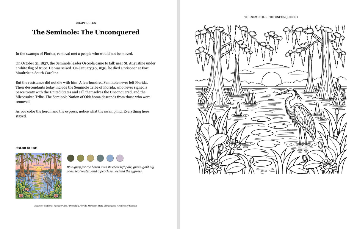 Inside the book: a story page about the Cherokee facing its line-art illustration to color