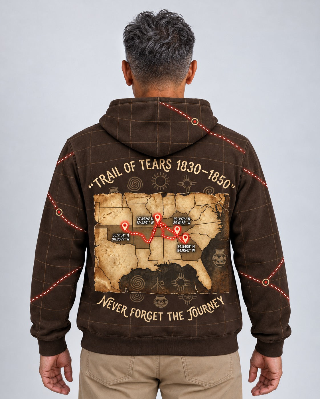 Ketso — Trail of Tears 1830-1850 — Never Forget the Journey Hoodie — worn by man, back view