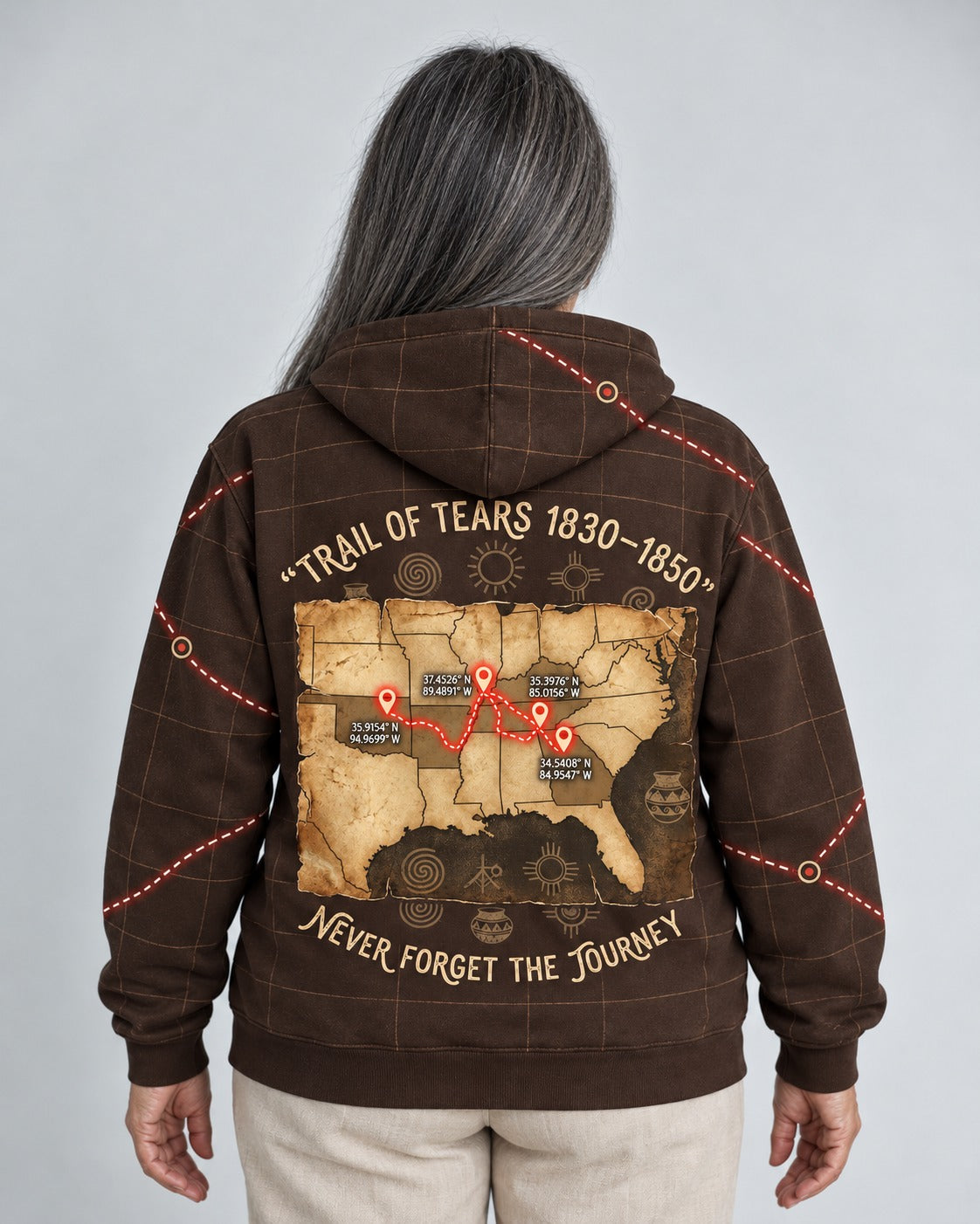 Ketso — Trail of Tears 1830-1850 — Never Forget the Journey Hoodie — worn by woman, back view