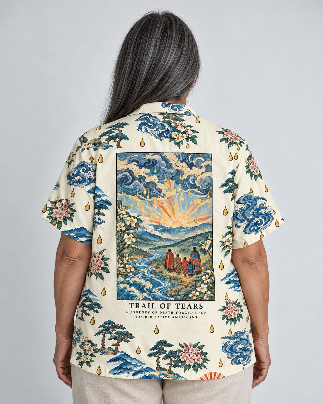 Kiona — Trail of Tears — Hawaiian Shirt — worn by woman, back view