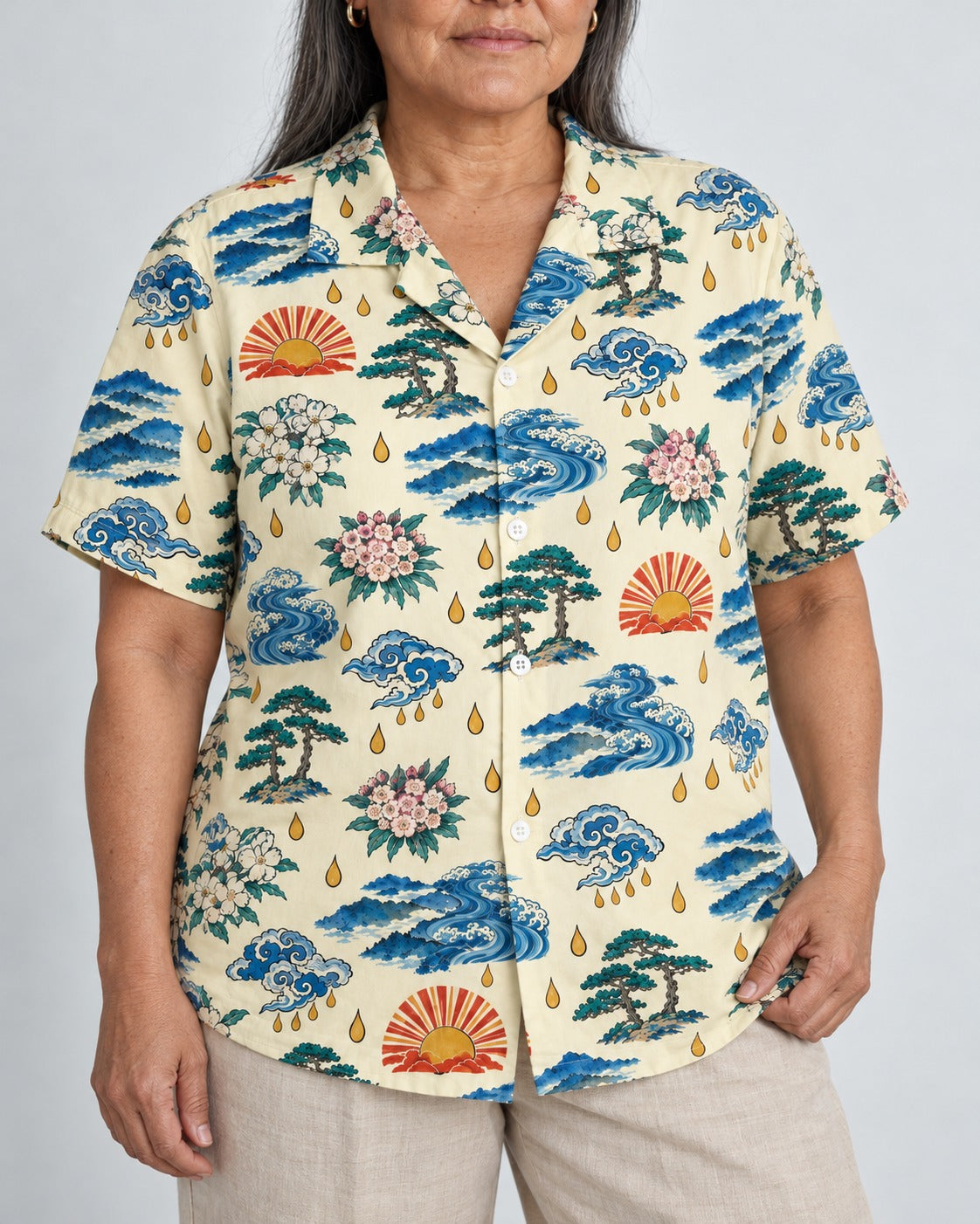 Kiona — Trail of Tears — Hawaiian Shirt — worn by woman, front view