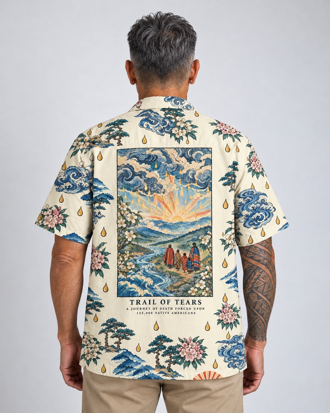 Kiona — Trail of Tears — Hawaiian Shirt — worn by man, back view