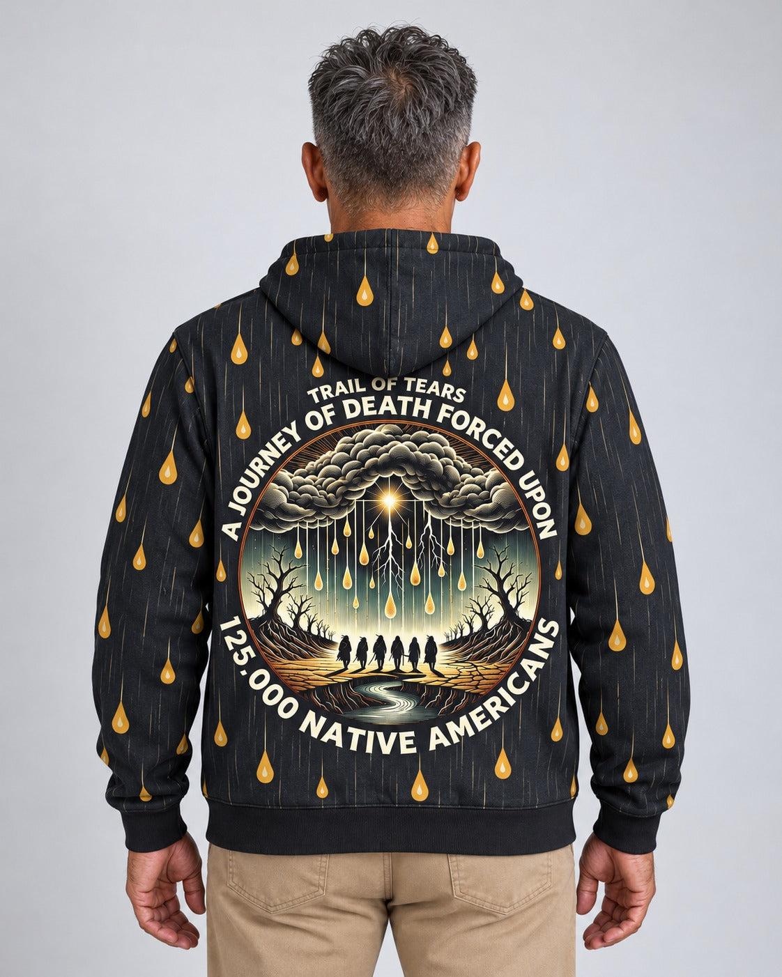 Kiona — Trail of Tears — Journey of Death Hoodie — worn by man, back view