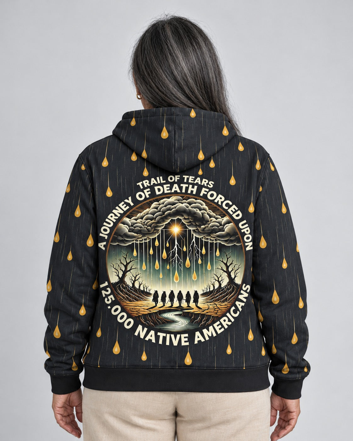 Kiona — Trail of Tears — Journey of Death Hoodie — worn by woman, back view