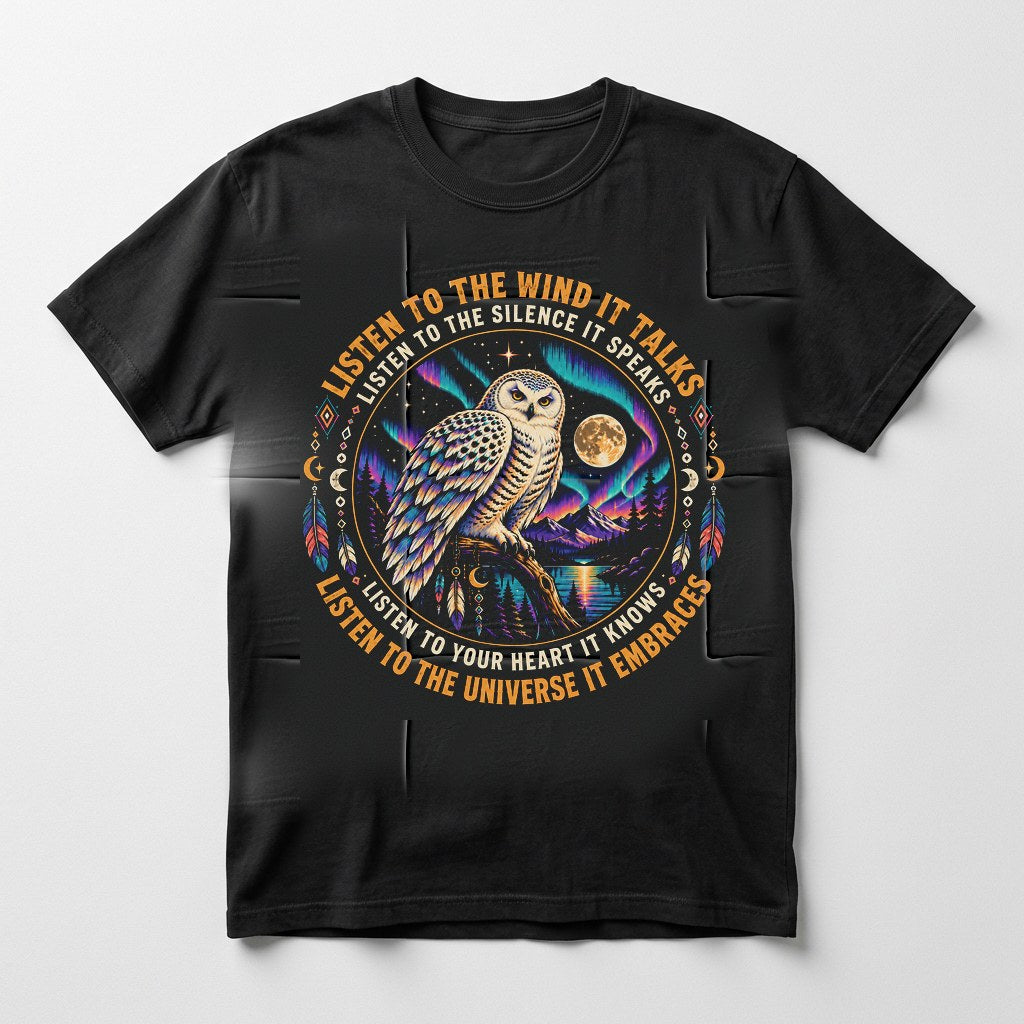 Snowy Owl Listen to the Wind shirt in black