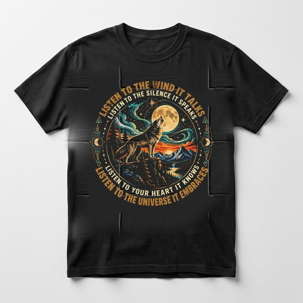 The Wolf Listen to the Wind shirt in black