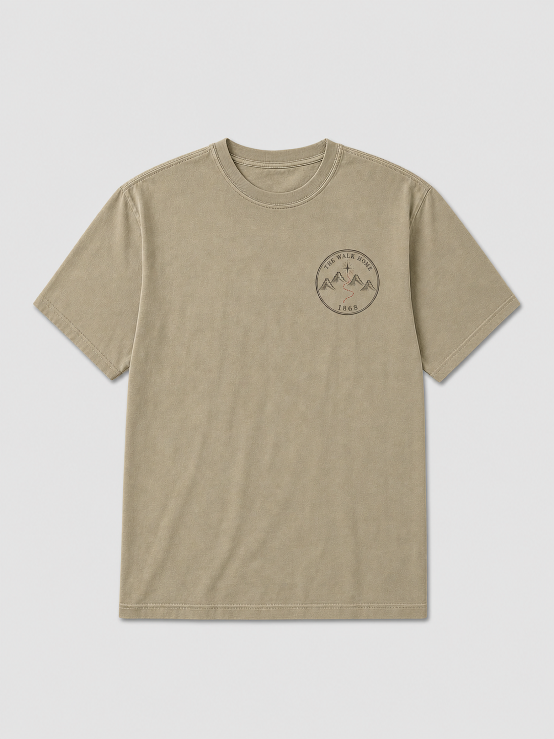 Nahok — The Walk Home tee, front left-chest badge: THE WALK HOME 1868, Sandstone (hero mock)