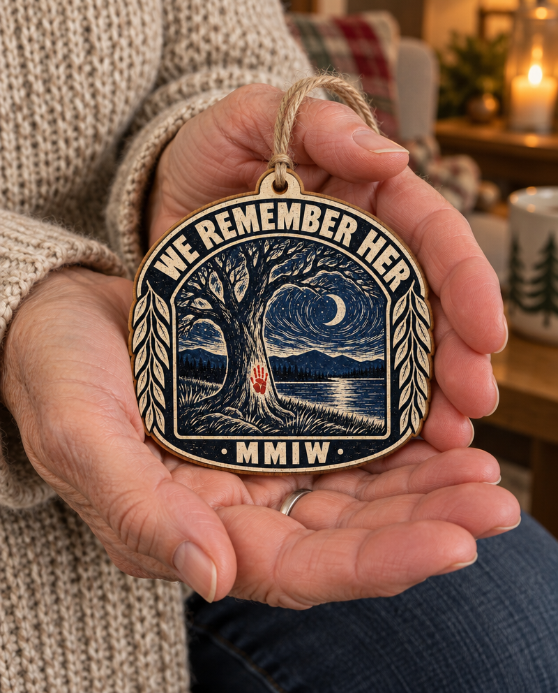 Night Road We Remember Her wooden ornament, held in an open hand