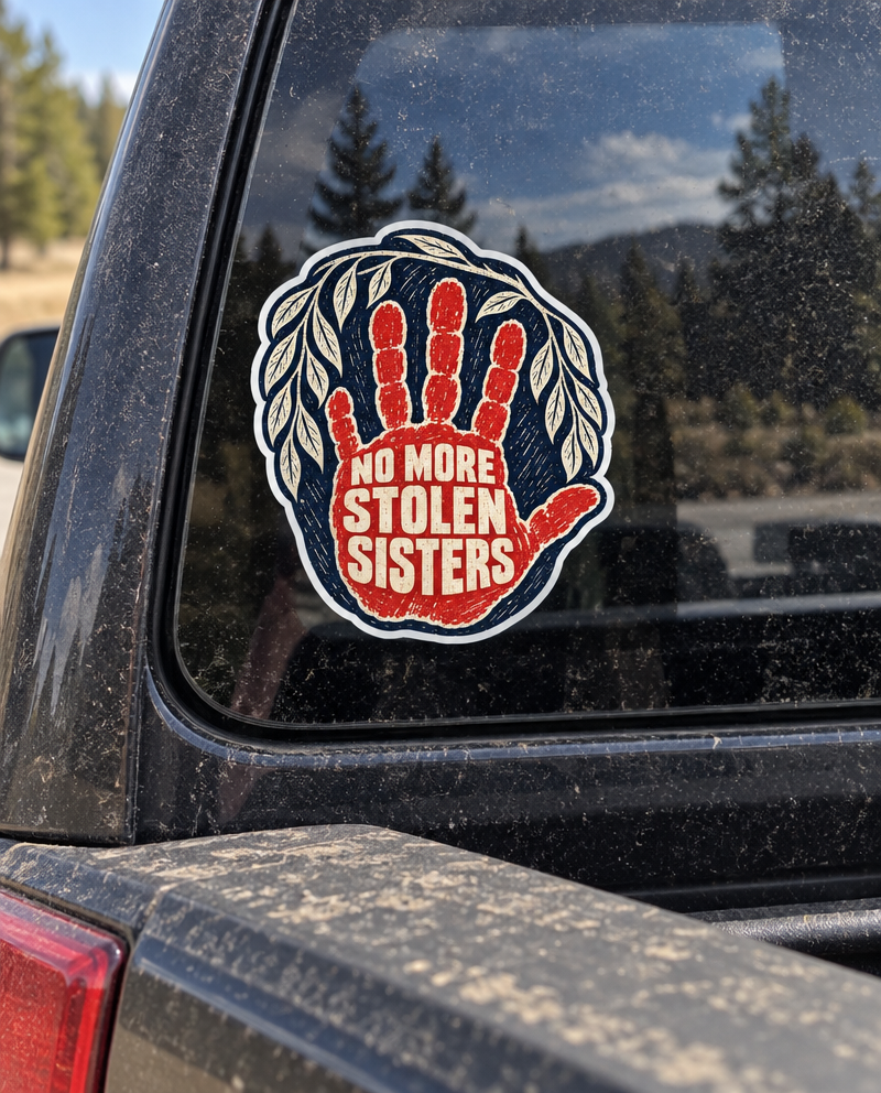 Night Road No More Stolen Sisters sticker, on a truck window