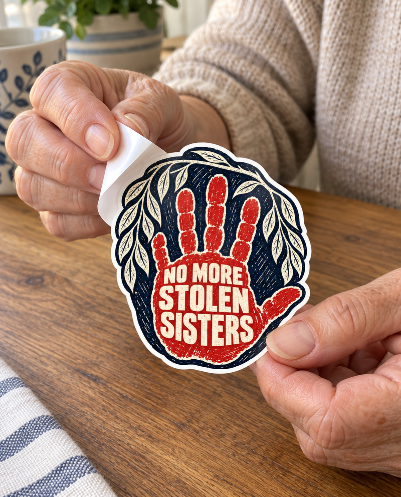 Night Road No More Stolen Sisters sticker, being peeled by hand