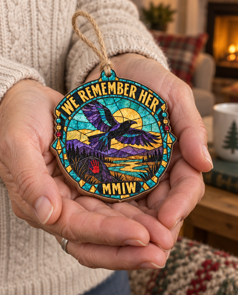 Glass Sky We Remember Her wooden ornament, held in an open hand