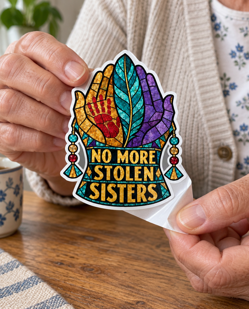Glass Sky No More Stolen Sisters sticker, being peeled by hand