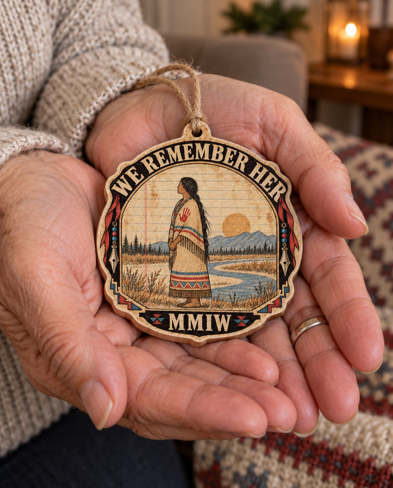 The Ledger We Remember Her wooden ornament, held in an open hand