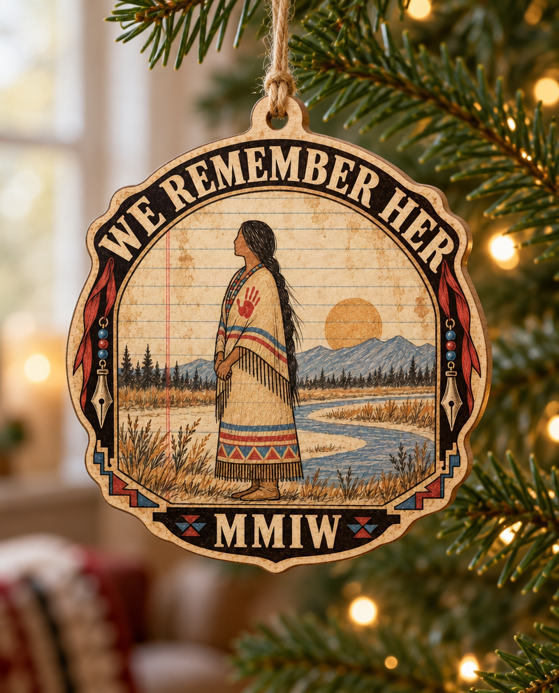 The Ledger We Remember Her wooden ornament, hanging on a tree