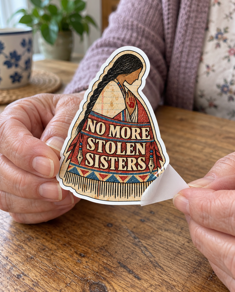 The Ledger No More Stolen Sisters sticker, being peeled by hand