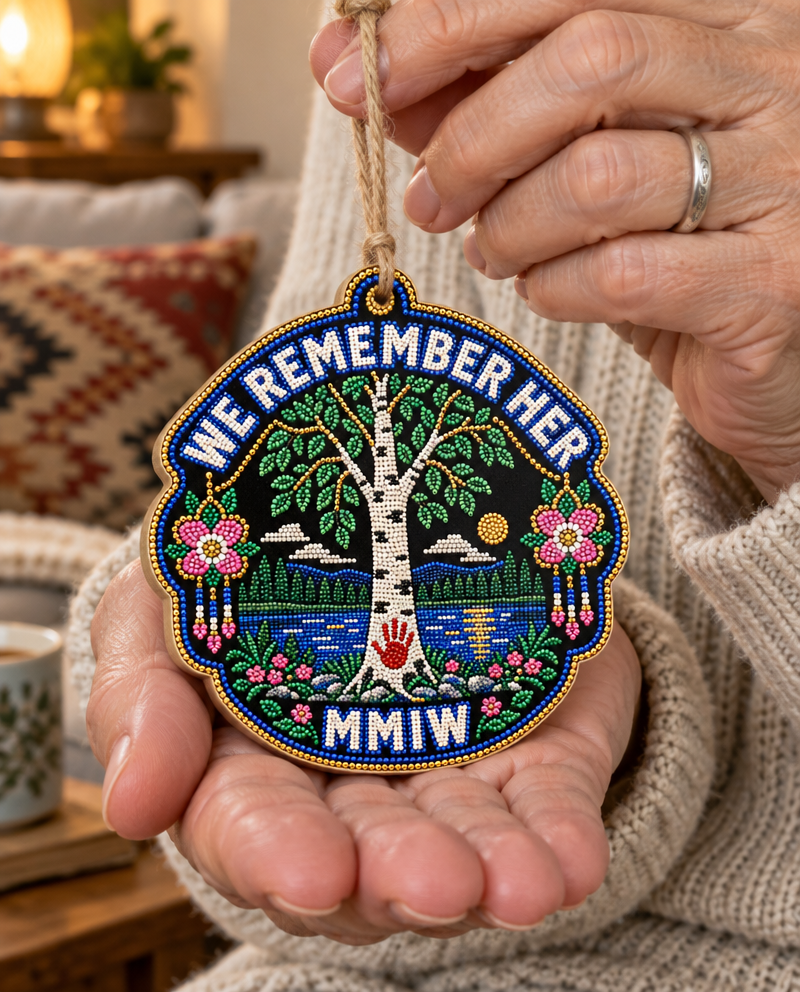 Wild Rose We Remember Her wooden ornament, held in an open hand