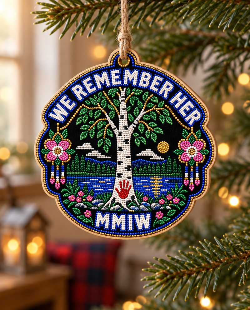 Wild Rose We Remember Her wooden ornament, hanging on a tree