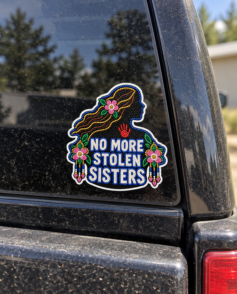 Wild Rose No More Stolen Sisters sticker, on a truck window