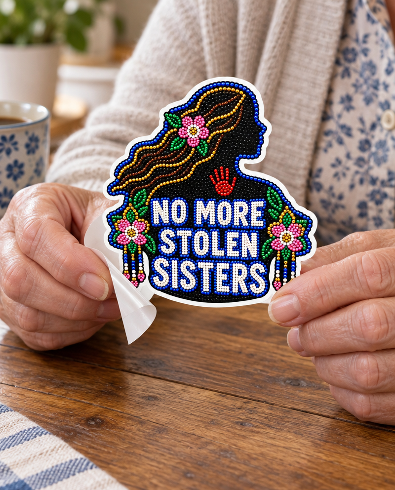 Wild Rose No More Stolen Sisters sticker, being peeled by hand