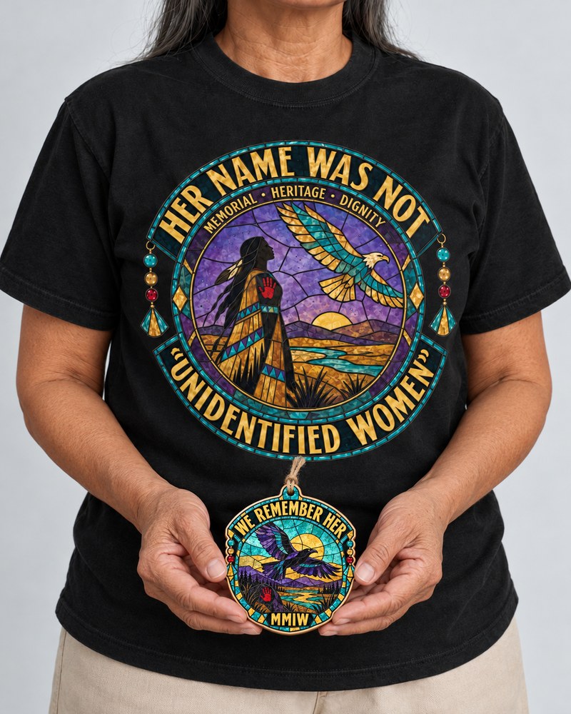 Glass Sky MMIW shirt worn, with its matching We Remember Her ornament held in hand