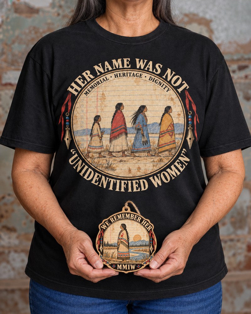 The Ledger MMIW shirt worn, with its matching We Remember Her ornament held in hand