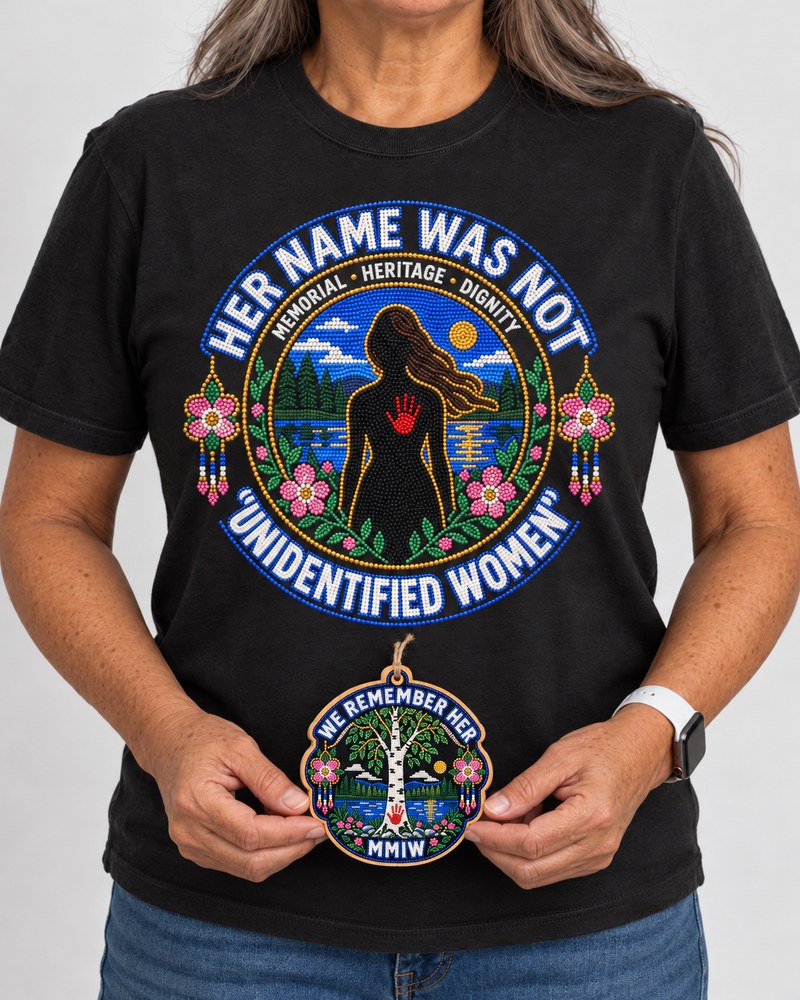 Wild Rose MMIW shirt worn, with its matching We Remember Her ornament held in hand