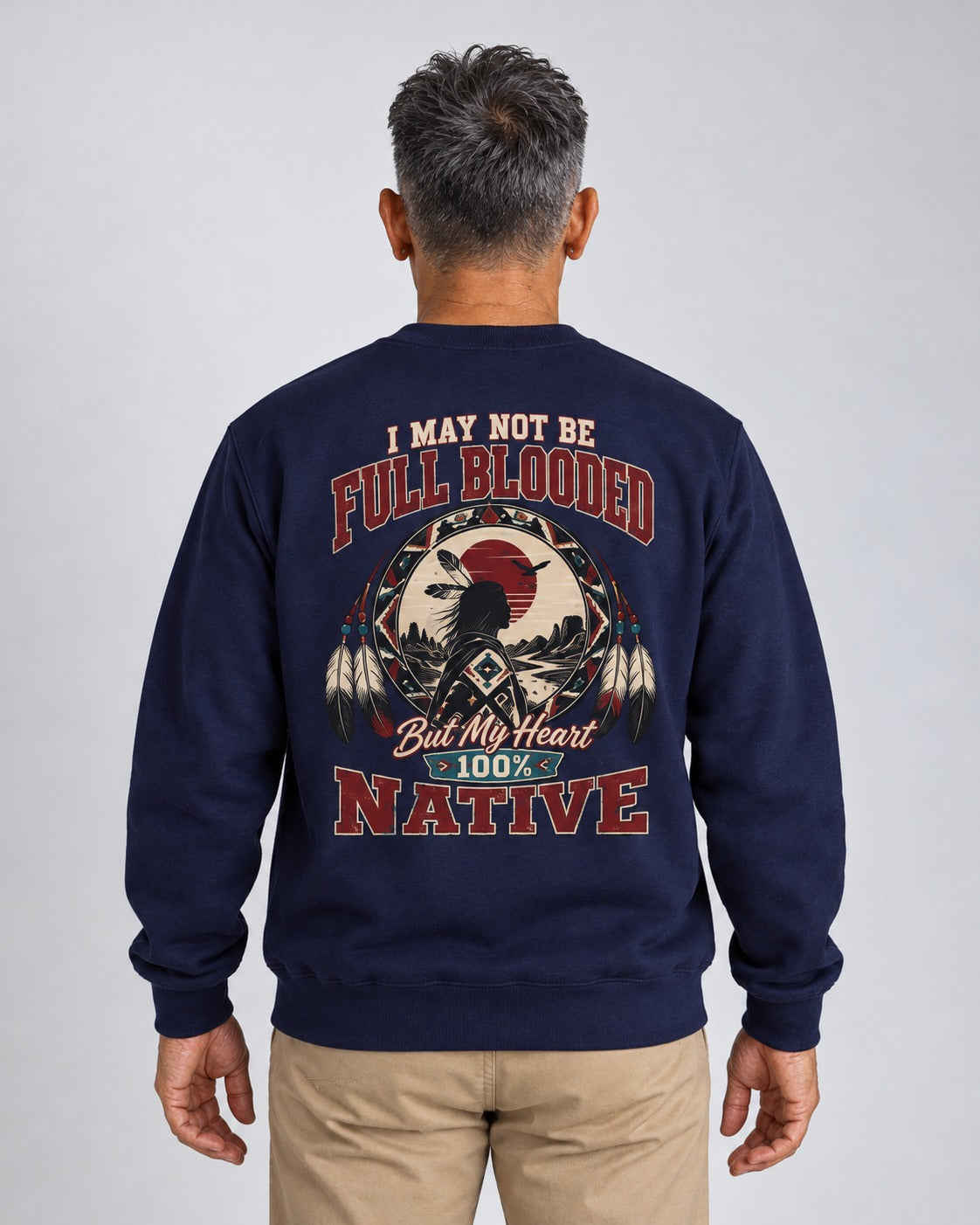 Oyari — Native Heart — Heritage Sweatshirt — worn by man, back view
